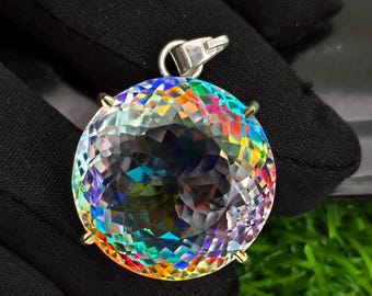 Runder Anhänger mit Regenbogen-Mystic-Topas, 925er Silber, Edelsteinschmuck (24 x 24 x 16 mm)