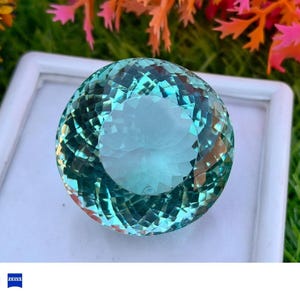 May include: A large, round, faceted gemstone with a light blue hue. The gem is set in a white display case, with a blurred background of green grass and colorful flowers. The gem's facets create a sparkling effect.