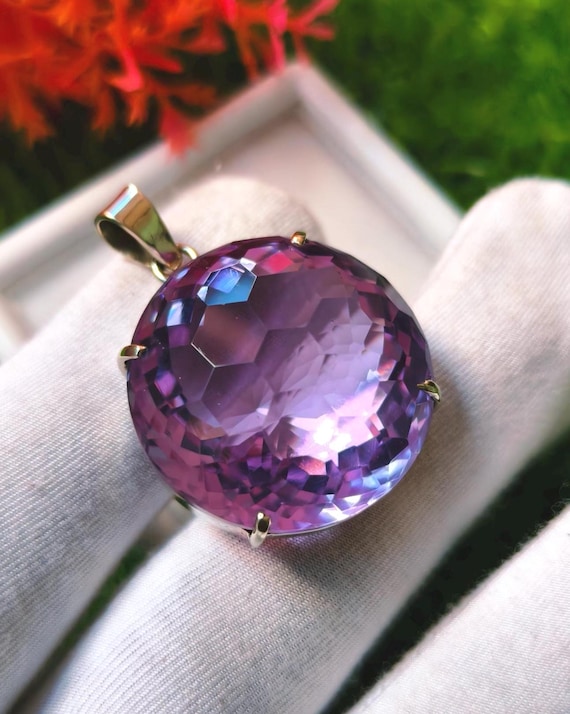 Rare Purple Amethyst Round Cut Gemstone -925  Silver pendant - Gift for her