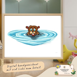 Könnte beinhalten: Ein gerahmter Druck mit einem Cartoon-Biber in blauem Wasser. Der Biber ist braun mit blauen Augen und einem weißgezahnten Grinsen. Der Druck befindet sich in einem hellen Holzrahmen. Der Text unten lautet "Digital handgezeichnet mit viel Liebe zum Detail."