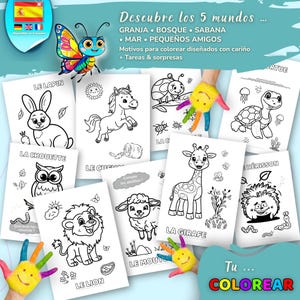 Könnte beinhalten: Eine Sammlung von Malvorlagen mit verschiedenen Tieren, darunter ein Kaninchen, ein Pferd, eine Eule, ein Löwe, ein Schaf, eine Giraffe und eine Schildkröte. Die Seiten sind in Schwarzweiß gehalten und enthalten spanischen und französischen Text.