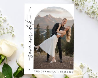 Arch Photo Save the Date Template | Elegant Wedding Announcement (Canva Editable)
