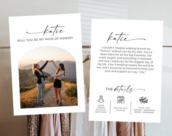 Modern Bridesmaid Proposal Card Template | Arch Photo, Canva (Digital Download)