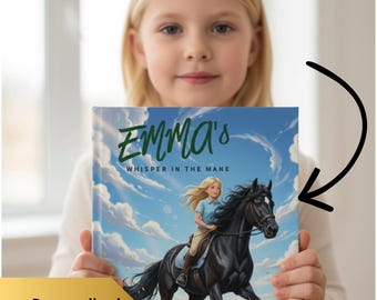 Puede incluir: Portada de libro con una niña montando un caballo negro, con un cielo azul y un campo de flores. El título es "Emma's Whisper in the Mane". También incluye el texto "Personalizado con foto y nombre en cada página."