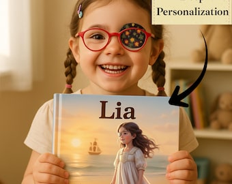 May include: A young girl smiles, holding a personalized book titled "Lia." The book cover features an illustration of a girl on a beach with a ship and crown. The girl wears red glasses and an eye patch. Text above the girl reads "Deep Personalization."