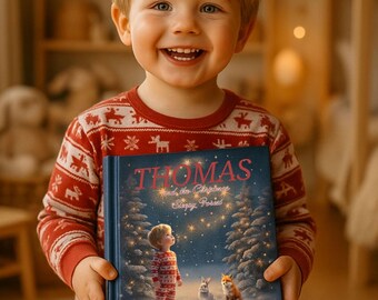 May include: A young child smiles while holding a book titled "THOMAS and the Christmas Sleepy Forest." The book cover features an illustration of a child, a rabbit, and a fox in a snowy forest with twinkling lights. The child wears red and white pajamas.