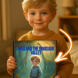 May include: A children's book titled "Milo and the Dinosaur Valley" with an illustration of a young boy in a blue hoodie in a forest with dinosaurs. The book cover has a blue and green colour scheme.
