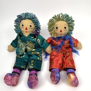 Handmade Gay Raggedy Andi and Anne Dolls; Pair or Individual; Blue, Green and Purple Hair; 15 Inches