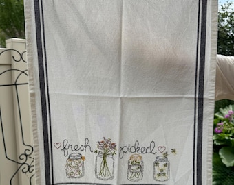 Fresh Picked Flowers Embroidered Tea Towel; Hand embroidered; 100% Cotton