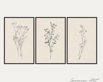 Juego de 3 impresiones botánicas de flores silvestres vintage, arte lineal en blanco y negro