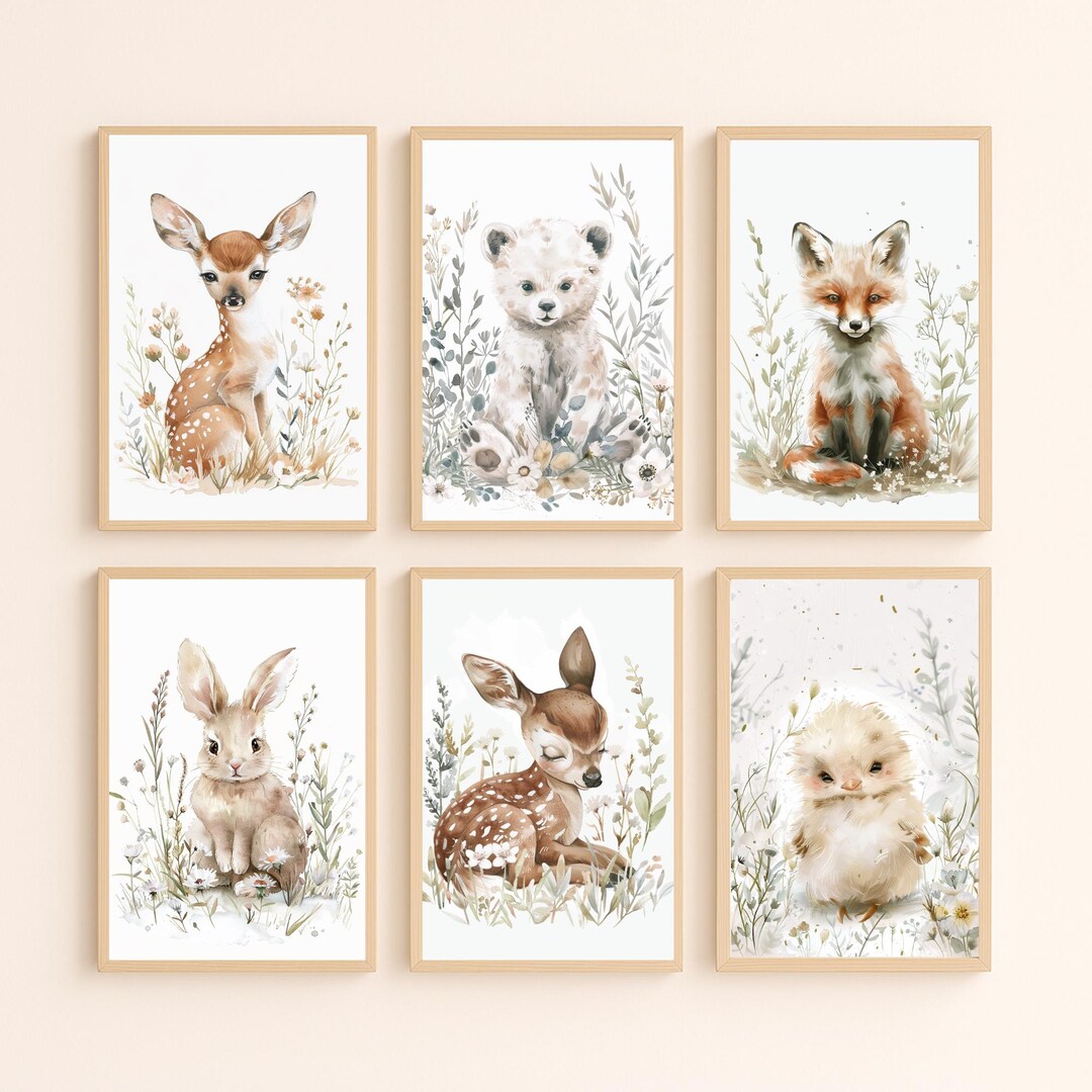 Woodland Nursery Wall Art Set of 6 | Baby Animal Prints | Neutral ...