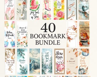 40 saisonale Aquarell Lesezeichen | Frühling Sommer Herbst Winter Bundle | Druckbereites Zitat Lesezeichen Set