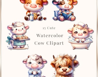 Watercolor Cow Clipart Bundle, Farm Animal PNG (Digital Download)