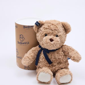May include: A soft teddy bear with brown fur, a dark blue ribbon, and white pads on its feet. Beside it is a cylindrical cardboard container with the text "BlueBear & Co." and a blue tag on the bear's ear.