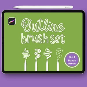 May include: A tablet screen displaying a green background with the white text Outline brush set, a Procreate app icon, four white wavy line strokes, and a purple circle containing the white text 4+1 Bonus Brush, with a white stylus above.