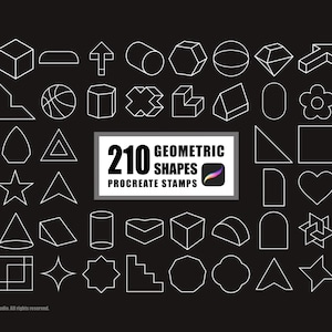 May include: A collection of 210 geometric shapes in white outlines on a black background. The shapes include cubes, arrows, spheres, and stars. A rectangular box in the center reads "210 Geometric Shapes Procreate Stamps".