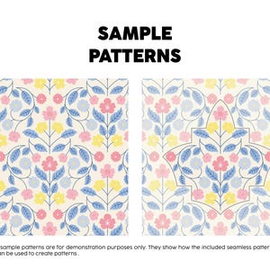 Pode incluir: Dois pain&eacute;is quadrados exibindo padr&otilde;es florais com o texto SAMPLE PATTERNS no topo. Os designs apresentam flores rosas, amarelas e azul-claras com folhas azuis em um fundo creme. O painel direito inclui um contorno decorativo.