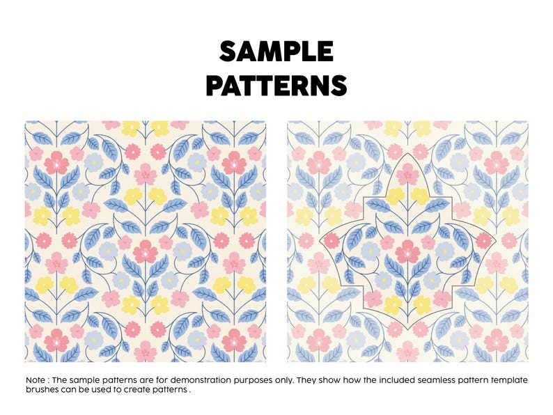 Pode incluir: Dois pain&eacute;is quadrados exibindo padr&otilde;es florais com o texto SAMPLE PATTERNS no topo. Os designs apresentam flores rosas, amarelas e azul-claras com folhas azuis em um fundo creme. O painel direito inclui um contorno decorativo.