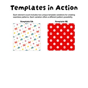 Może przedstawiać: Templates in Action. Każda liczba element&oacute;w zawiera dwie unikalne wariacje szablon&oacute;w do tworzenia płynnych wzor&oacute;w. Każda wariacja oferuje inną możliwość wzoru. Szablon 9A przedstawia białe tło z krabami, rybami i muszlami. Szablon 9B przedstawia czerwone tło z białymi bombkami świątecznymi.