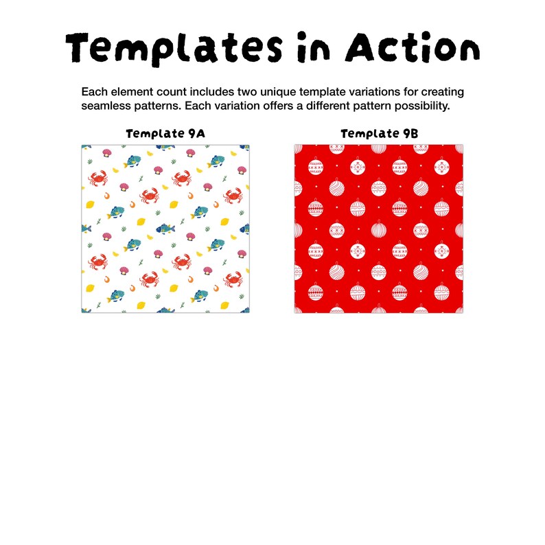 Może przedstawiać: Templates in Action. Każda liczba element&oacute;w zawiera dwie unikalne wariacje szablon&oacute;w do tworzenia płynnych wzor&oacute;w. Każda wariacja oferuje inną możliwość wzoru. Szablon 9A przedstawia białe tło z krabami, rybami i muszlami. Szablon 9B przedstawia czerwone tło z białymi bombkami świątecznymi.