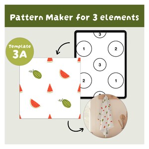 Może przedstawiać: Cyfrowe narzędzie do tworzenia wzor&oacute;w z napisem Pattern Maker for 3 elements oraz Template 3A. Zawiera biały kwadrat z powtarzającym się motywem arbuza, ekran tabletu z ponumerowanymi kołami oraz okrągły wstawkę z ręcznikiem z tym nadrukiem.
