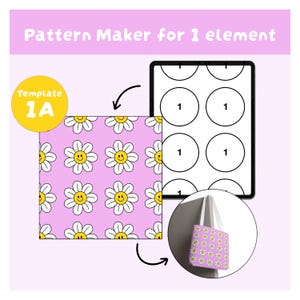 Może przedstawiać: Cyfrowe narzędzie do tworzenia wzor&oacute;w z napisem Pattern Maker for 1 element oraz Template 1A. Przedstawia powtarzający się wz&oacute;r stokrotek z ż&oacute;łtymi uśmiechniętymi buźkami na jasnofioletowym tle, siatkę k&oacute;ł z cyfrą 1 oraz przykładową torbę.