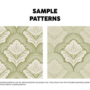 Pode incluir: Duas exibi&ccedil;&otilde;es gr&aacute;ficas quadradas rotuladas como SAMPLE PATTERNS. A esquerda mostra um motivo repetitivo de folhas em verde s&aacute;lvia e creme com linhas arqueadas. A direita mostra um grande elemento de folha sobre um fundo verde e creme.