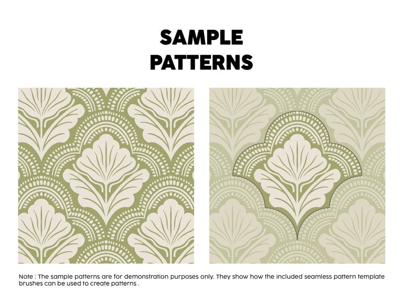 Pode incluir: Duas exibi&ccedil;&otilde;es gr&aacute;ficas quadradas rotuladas como SAMPLE PATTERNS. A esquerda mostra um motivo repetitivo de folhas em verde s&aacute;lvia e creme com linhas arqueadas. A direita mostra um grande elemento de folha sobre um fundo verde e creme.