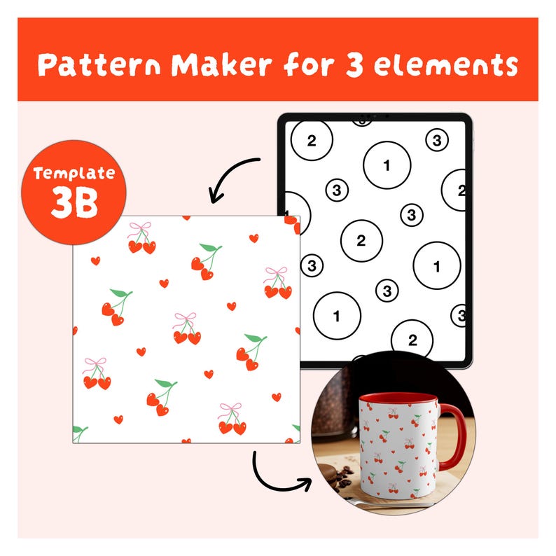Może przedstawiać: Cyfrowy szablon do tworzenia wzor&oacute;w z napisem Pattern Maker for 3 elements oraz Template 3B. Zawiera biały kwadrat z motywem czerwonych wiśni i serc, tablet z ponumerowanymi okręgami oraz biały kubek z czerwonym uchwytem i nadrukiem wiśni.