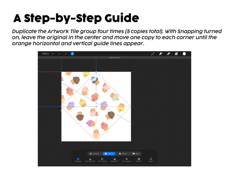 Pode incluir: Uma interface de tutorial digital exibindo A Step-by-Step Guide com instru&ccedil;&otilde;es para duplicar um grupo de blocos de arte cinco vezes. A tela mostra uma tela quadrada branca contendo um padr&atilde;o repetido de cupcakes coloridos em um fundo de grade escuro.