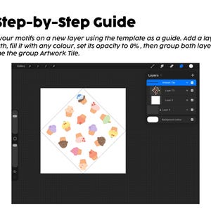 Pode incluir: Um tutorial digital intitulado A Step-by-Step Guide mostrando como criar um bloco de arte no Procreate. A interface exibe uma tela quadrada com um padr&atilde;o repetitivo de ilustra&ccedil;&otilde;es coloridas de cupcakes e um painel de camadas chamado Artwork Tile.