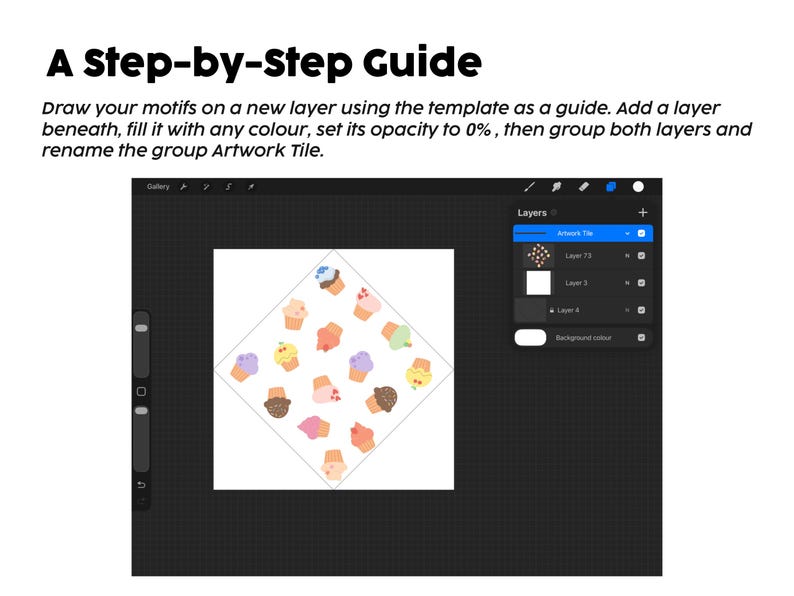 Pode incluir: Um tutorial digital intitulado A Step-by-Step Guide mostrando como criar um bloco de arte no Procreate. A interface exibe uma tela quadrada com um padr&atilde;o repetitivo de ilustra&ccedil;&otilde;es coloridas de cupcakes e um painel de camadas chamado Artwork Tile.