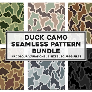 May include: A digital collection of duck camo seamless patterns featuring 45 colour variations, 2 sizes, and 90 JPEG files. The text DUCK CAMO SEAMLESS PATTERN BUNDLE 45 COLOUR VARIATIONS . 2 SIZES . 90 JPEG FILES is displayed in the centre of the image.