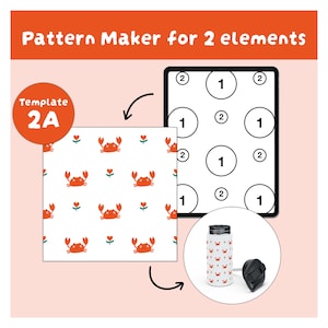 Może przedstawiać: Cyfrowe narzędzie do tworzenia wzor&oacute;w z napisem Pattern Maker for 2 elements i Template 2A, zawierające ekran tabletu z ponumerowaną siatką, powtarzający się wz&oacute;r na białym tle z pomarańczowymi krabami i kwiatami.