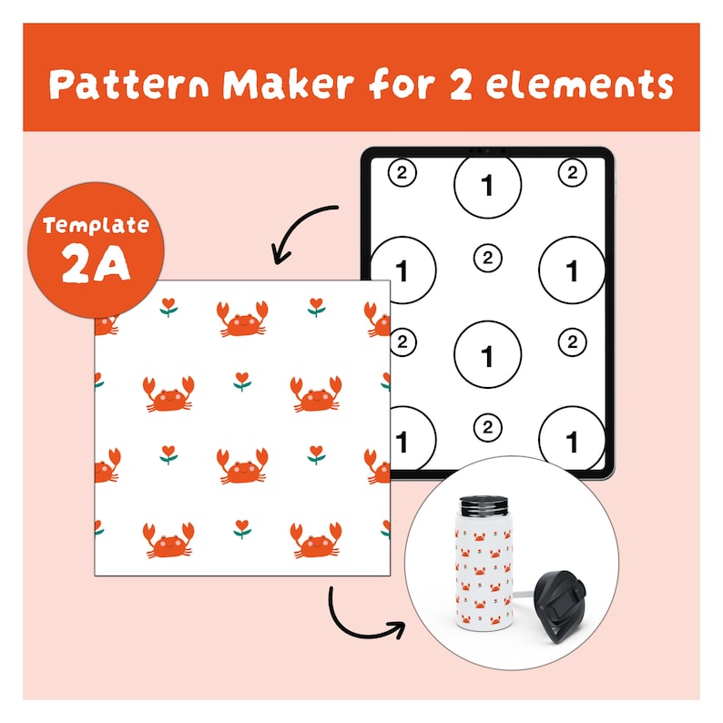 Może przedstawiać: Cyfrowe narzędzie do tworzenia wzor&oacute;w z napisem Pattern Maker for 2 elements i Template 2A, zawierające ekran tabletu z ponumerowaną siatką, powtarzający się wz&oacute;r na białym tle z pomarańczowymi krabami i kwiatami.
