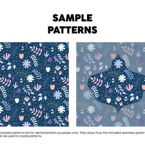 Pode incluir: Dois pain&eacute;is quadrados exibindo padr&otilde;es florais com o texto SAMPLE PATTERNS no topo. O painel esquerdo apresenta um fundo azul escuro com flores e folhas brancas, rosas e roxas claras. O painel direito mostra um padr&atilde;o semelhante.