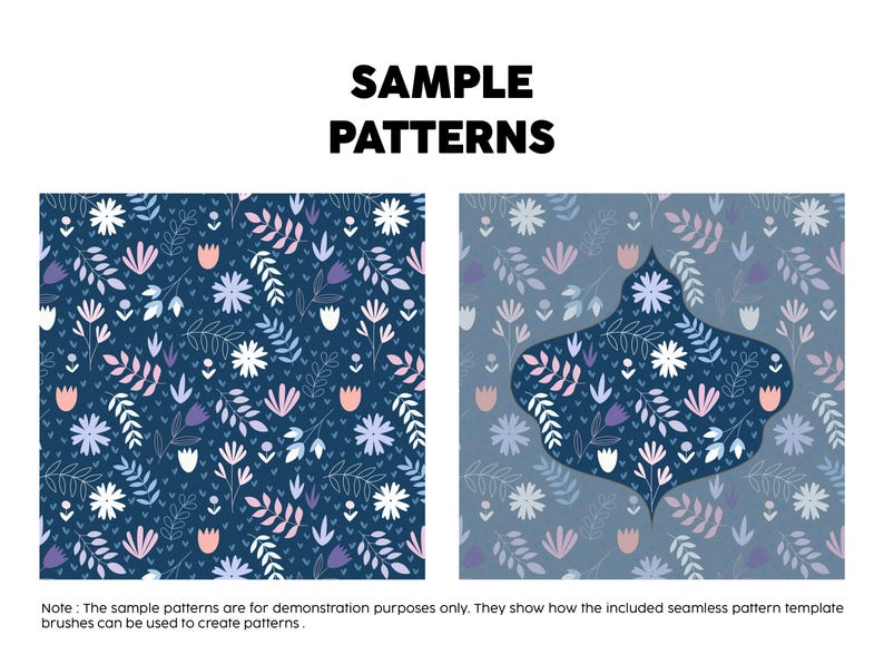 Pode incluir: Dois pain&eacute;is quadrados exibindo padr&otilde;es florais com o texto SAMPLE PATTERNS no topo. O painel esquerdo apresenta um fundo azul escuro com flores e folhas brancas, rosas e roxas claras. O painel direito mostra um padr&atilde;o semelhante.