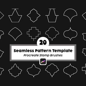 May include: A collection of 20 white outline shapes arranged in a grid on a black background. A central rectangular label contains the text 20 Seamless Pattern Template Procreate Stamp Brushes with a small colorful icon of a brush tip.