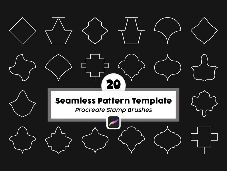 Pode incluir: Uma cole&ccedil;&atilde;o de 20 formas com contorno branco dispostas em uma grade sobre um fundo preto. Uma etiqueta retangular central cont&eacute;m o texto 20 Seamless Pattern Template Procreate Stamp Brushes com um pequeno &iacute;cone colorido de uma ponta de pincel.