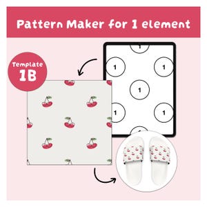 Może przedstawiać: Cyfrowy szablon do tworzenia wzor&oacute;w z napisem Pattern Maker for 1 element oraz Template 1B. Przedstawia jasnoszary kwadrat z powtarzającym się wzorem wiśni, ekran tabletu z ponumerowanym układem oraz białe klapki z tym samym wzorem.