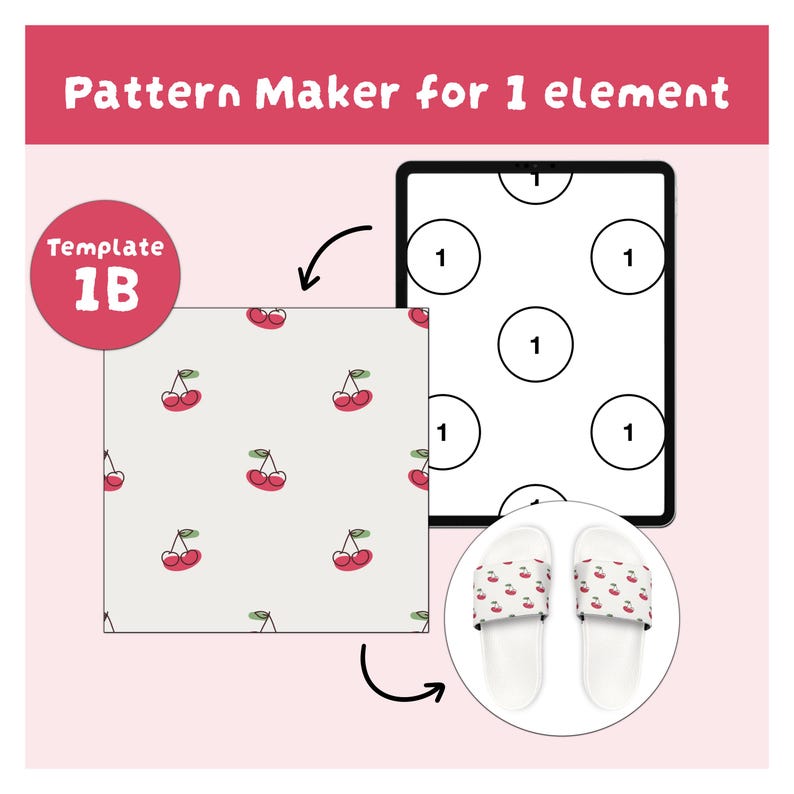 Może przedstawiać: Cyfrowy szablon do tworzenia wzor&oacute;w z napisem Pattern Maker for 1 element oraz Template 1B. Przedstawia jasnoszary kwadrat z powtarzającym się wzorem wiśni, ekran tabletu z ponumerowanym układem oraz białe klapki z tym samym wzorem.