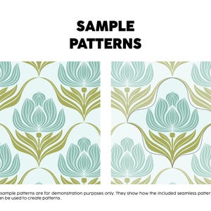 Pode incluir: Duas exibi&ccedil;&otilde;es gr&aacute;ficas quadradas rotuladas como SAMPLE PATTERNS com um motivo floral repetitivo em azul claro e verde oliva sobre um fundo p&aacute;lido. O texto na parte inferior diz: Note : The sample patterns are for demonstration purposes only.