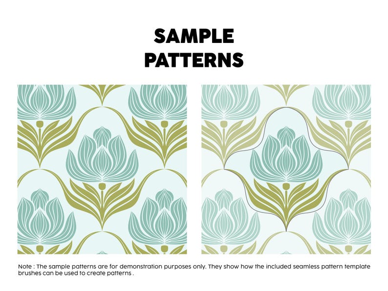 Pode incluir: Duas exibi&ccedil;&otilde;es gr&aacute;ficas quadradas rotuladas como SAMPLE PATTERNS com um motivo floral repetitivo em azul claro e verde oliva sobre um fundo p&aacute;lido. O texto na parte inferior diz: Note : The sample patterns are for demonstration purposes only.