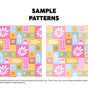 Pode incluir: Dois displays gr&aacute;ficos quadrados rotulados como SAMPLE PATTERNS apresentando uma grade de quadrados coloridos com motivos florais, de folhas e geom&eacute;tricos brancos em rosa, amarelo, azul e verde. Abaixo, o texto indica: Note : The sample patterns are for demonstration purposes only. They show how the included seamless pattern template brushes can be used to create patterns.