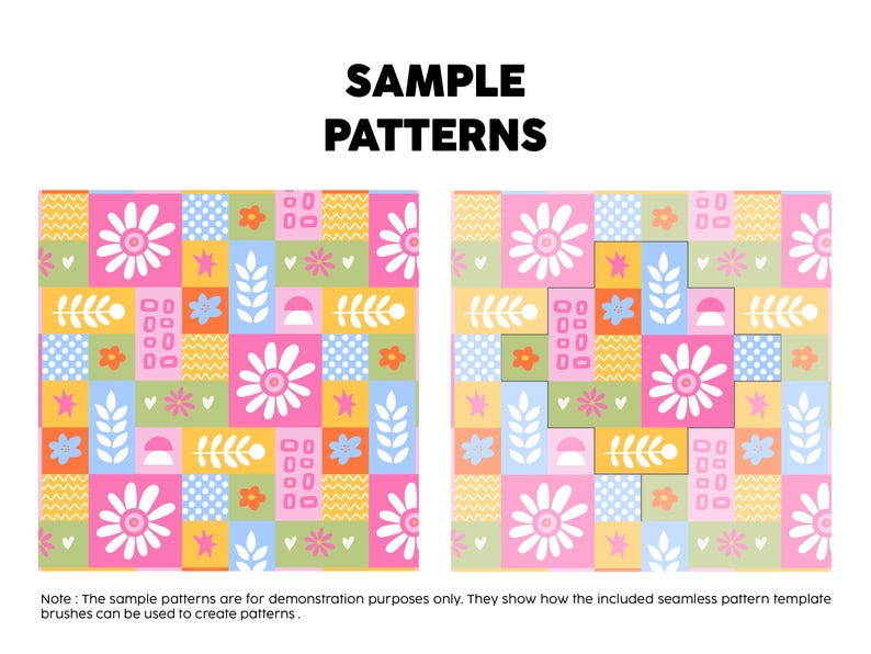Pode incluir: Dois displays gr&aacute;ficos quadrados rotulados como SAMPLE PATTERNS apresentando uma grade de quadrados coloridos com motivos florais, de folhas e geom&eacute;tricos brancos em rosa, amarelo, azul e verde. Abaixo, o texto indica: Note : The sample patterns are for demonstration purposes only. They show how the included seamless pattern template brushes can be used to create patterns.