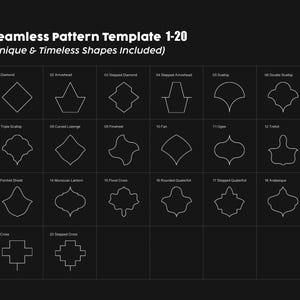 Pode incluir: Uma grade digital exibindo vinte formas geom&eacute;tricas de linhas brancas em um fundo preto. O texto no topo diz Seamless Pattern Template 1-20 (Unique & Timeless Shapes Included). Cada forma &eacute; numerada e rotulada com nomes como Diamond, Arrowhead, Scallop e Arabesque.