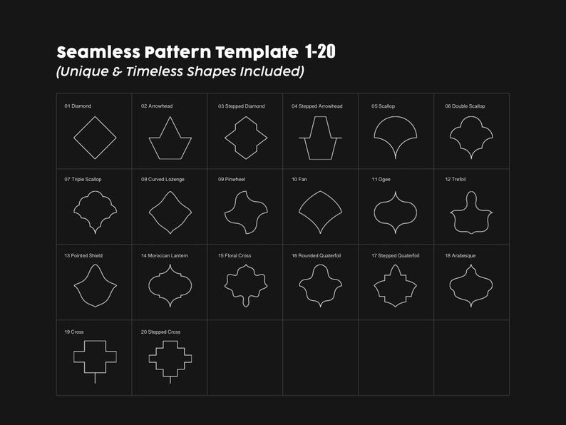 Pode incluir: Uma grade digital exibindo vinte formas geom&eacute;tricas de linhas brancas em um fundo preto. O texto no topo diz Seamless Pattern Template 1-20 (Unique & Timeless Shapes Included). Cada forma &eacute; numerada e rotulada com nomes como Diamond, Arrowhead, Scallop e Arabesque.