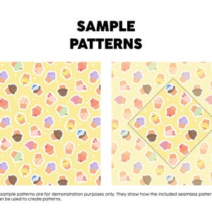 Pode incluir: Um gr&aacute;fico digital com o texto SAMPLE PATTERNS no topo e uma nota na parte inferior. Exibe dois pain&eacute;is quadrados mostrando um padr&atilde;o repetitivo sem costuras de cupcakes coloridos em um fundo amarelo p&aacute;lido com pequenos pontos brancos.