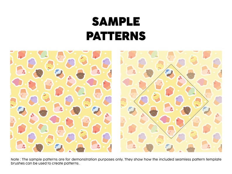 Pode incluir: Um gr&aacute;fico digital com o texto SAMPLE PATTERNS no topo e uma nota na parte inferior. Exibe dois pain&eacute;is quadrados mostrando um padr&atilde;o repetitivo sem costuras de cupcakes coloridos em um fundo amarelo p&aacute;lido com pequenos pontos brancos.