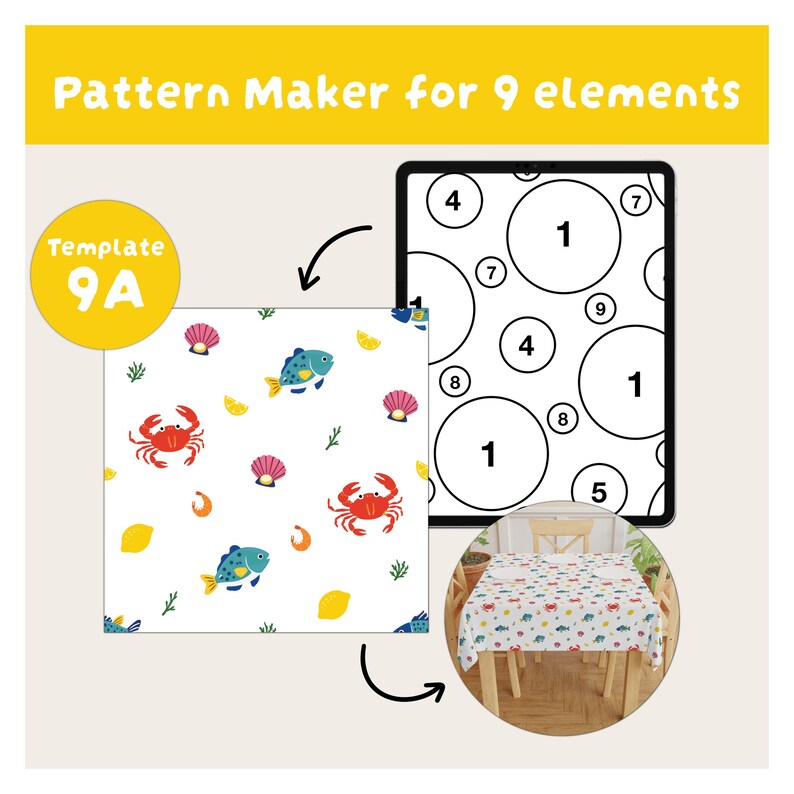 Może przedstawiać: Cyfrowe narzędzie do tworzenia wzor&oacute;w z napisem Pattern Maker for 9 elements i Template 9A. Zawiera ponumerowany okrągły przewodnik po układzie, białą pr&oacute;bkę tkaniny z powtarzającym się nadrukiem krab&oacute;w, ryb, muszli i cytryn oraz st&oacute;ł z obrusem.